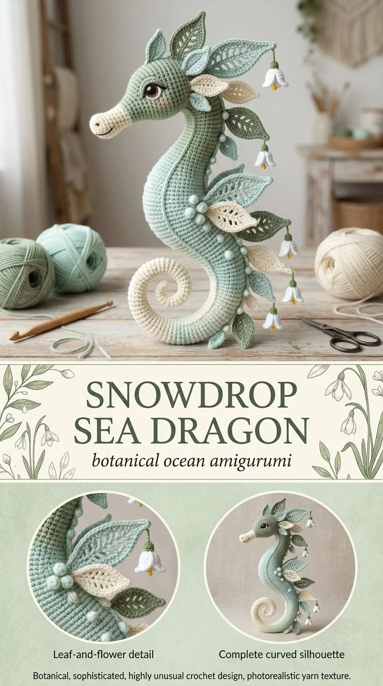 Snowdrop Leafy Sea Dragon Amigurumi crocheted toy in vibrant colors