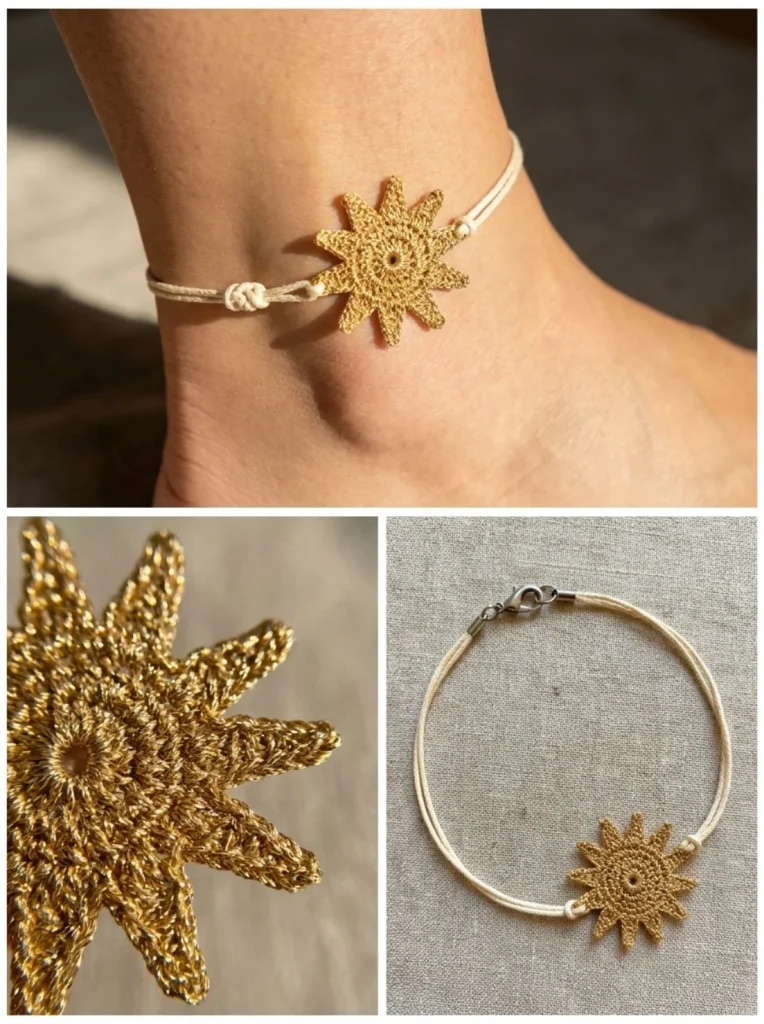 Sunburst anklet charm shining brightly on a delicate ankle.