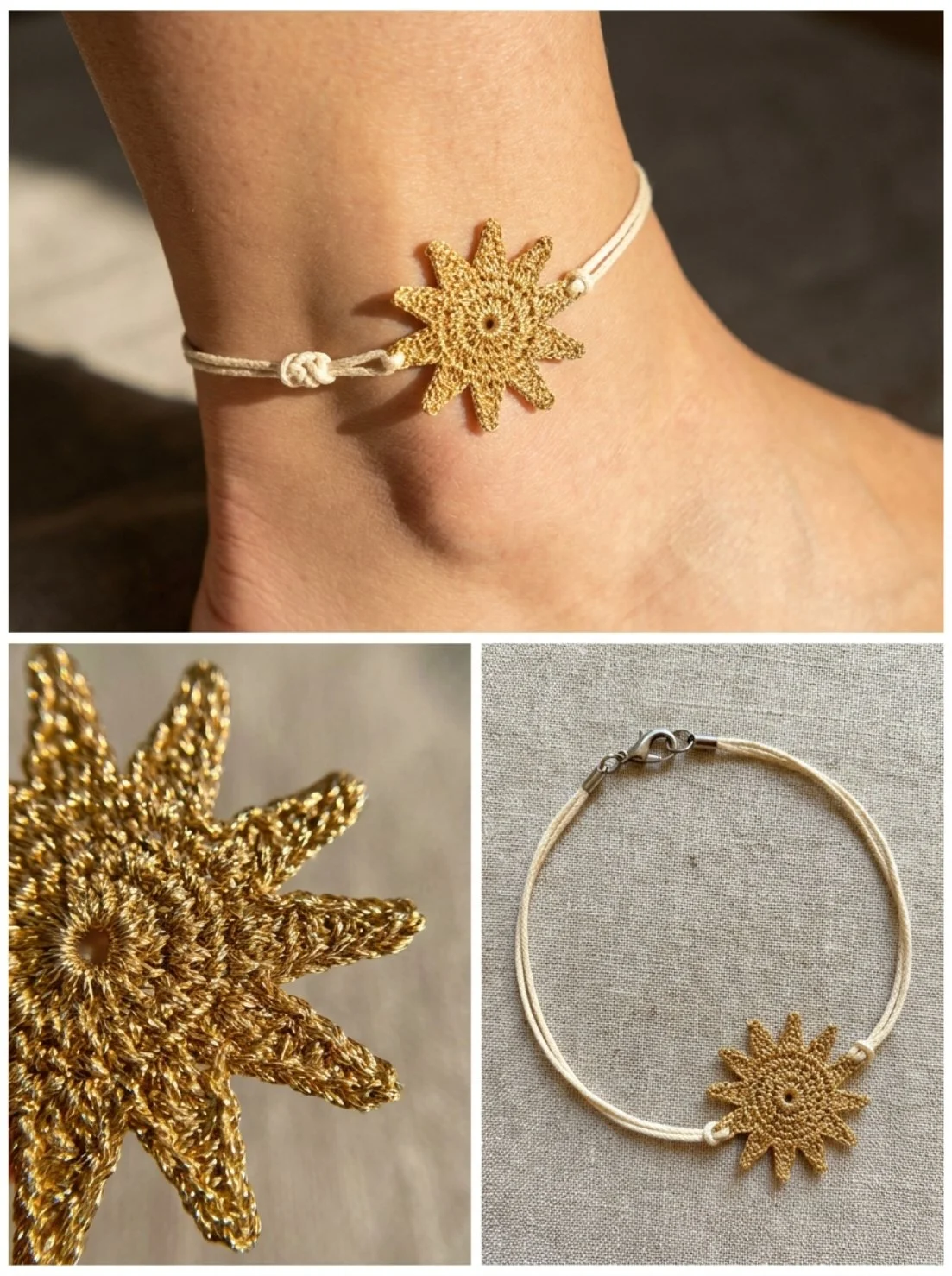 Sunburst anklet charm shining brightly on a delicate ankle.