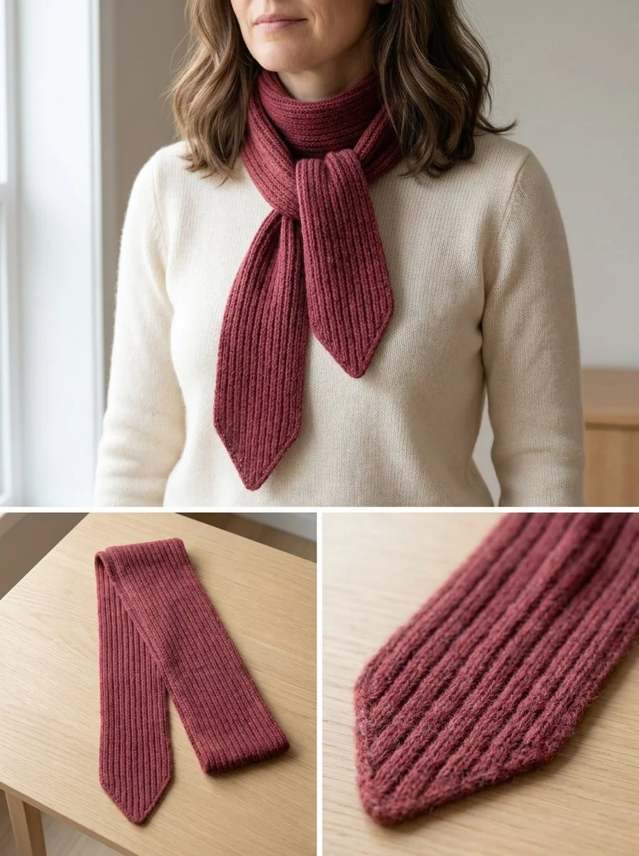 Tiny rib scarf with pointed ends, perfect for stylish layering and warmth.