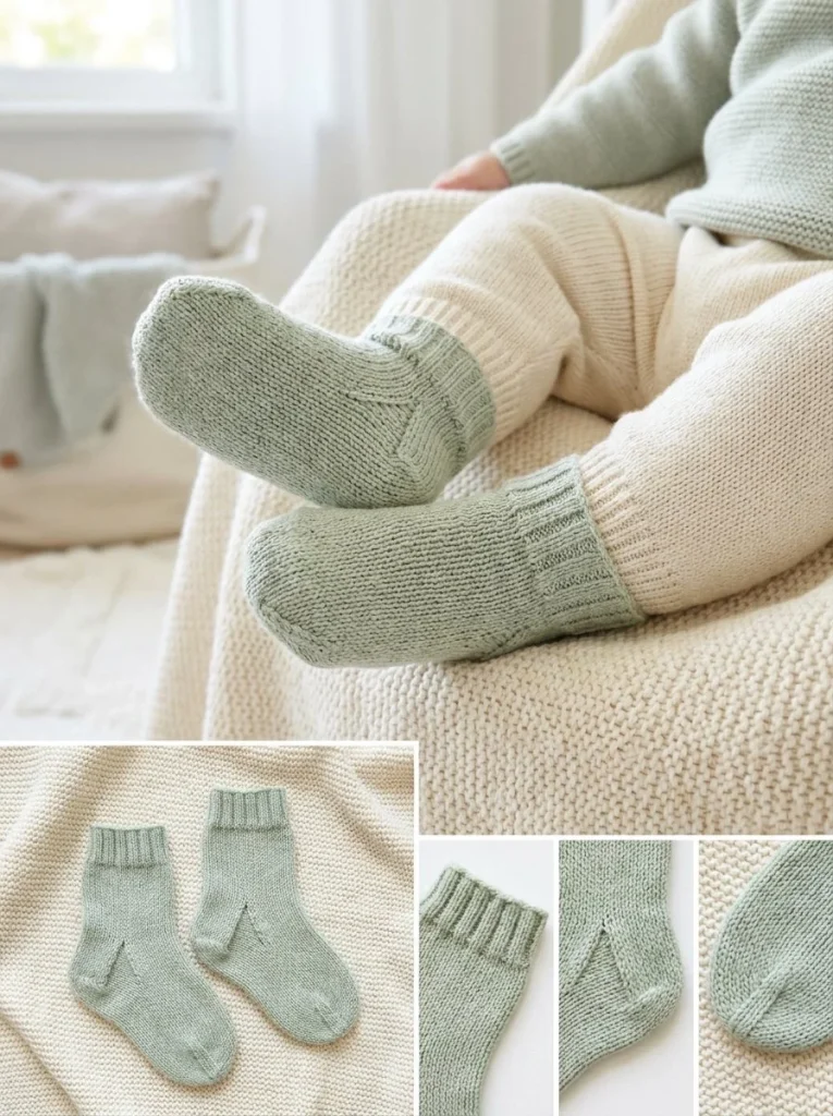 Cozy hand-knitted two-needle baby socks in pastel colors for newborns.