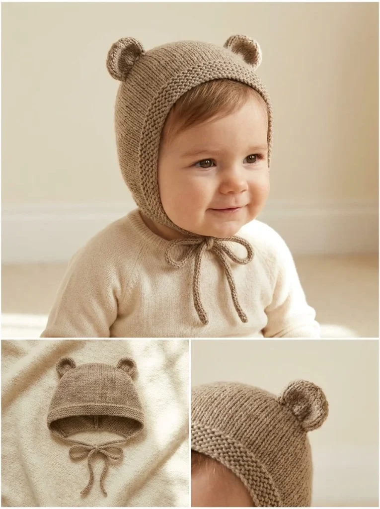 Knitted Woodland Bear baby bonnet pattern for cozy infant wear