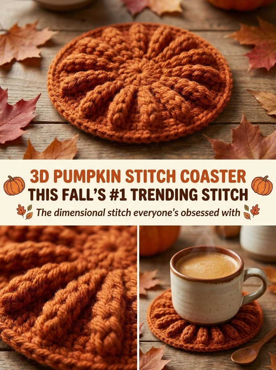 3D textured pumpkin stitch coaster perfect for autumn decor