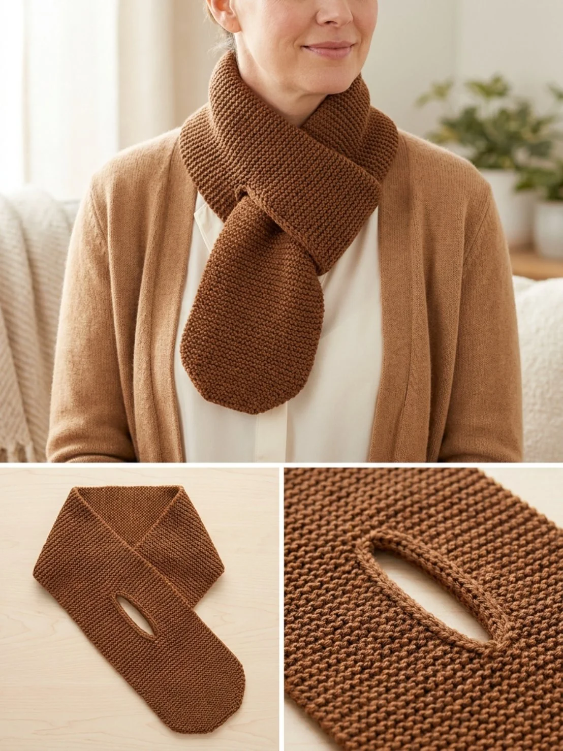 Acorn Brown Keyhole Scarf knitting pattern showcasing stylish design and warmth.