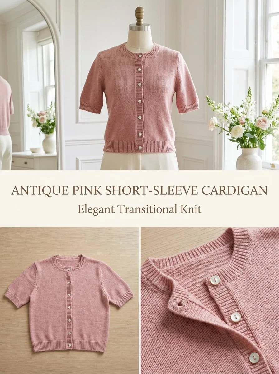 Antique Pink Short-Sleeve Crew Cardigan for stylish layering