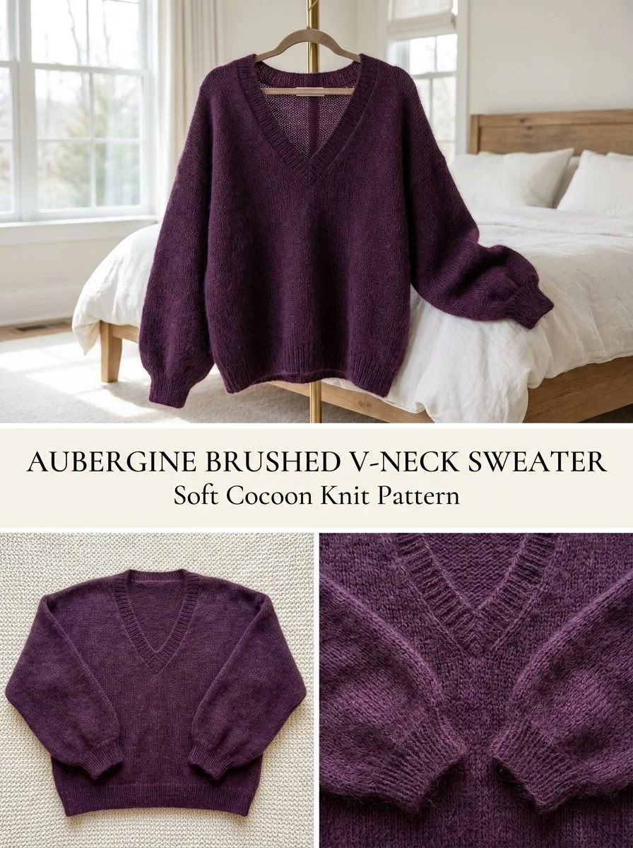 Aubergine Brushed V-Neck Cocoon Sweater for women