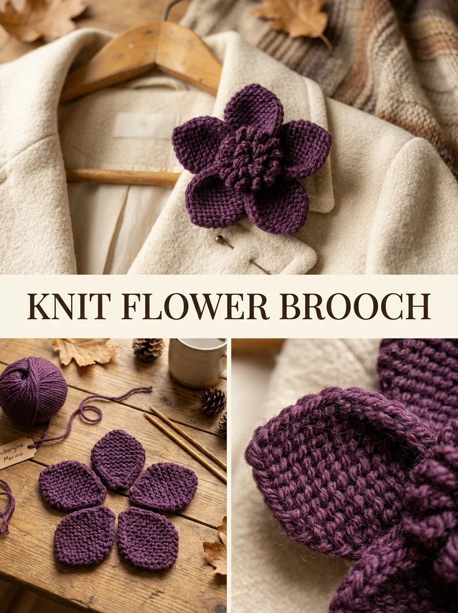 A stylish aubergine knit flower brooch showcasing intricate details.