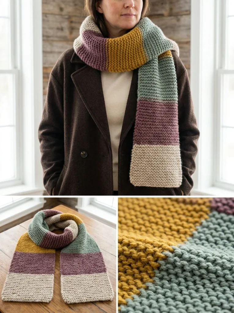 Autumn Color-Block Chunky Scarf Knitting Pattern in vibrant colors