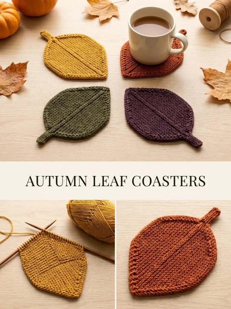 Autumn Leaf Knit Coaster Set for cozy home decor
