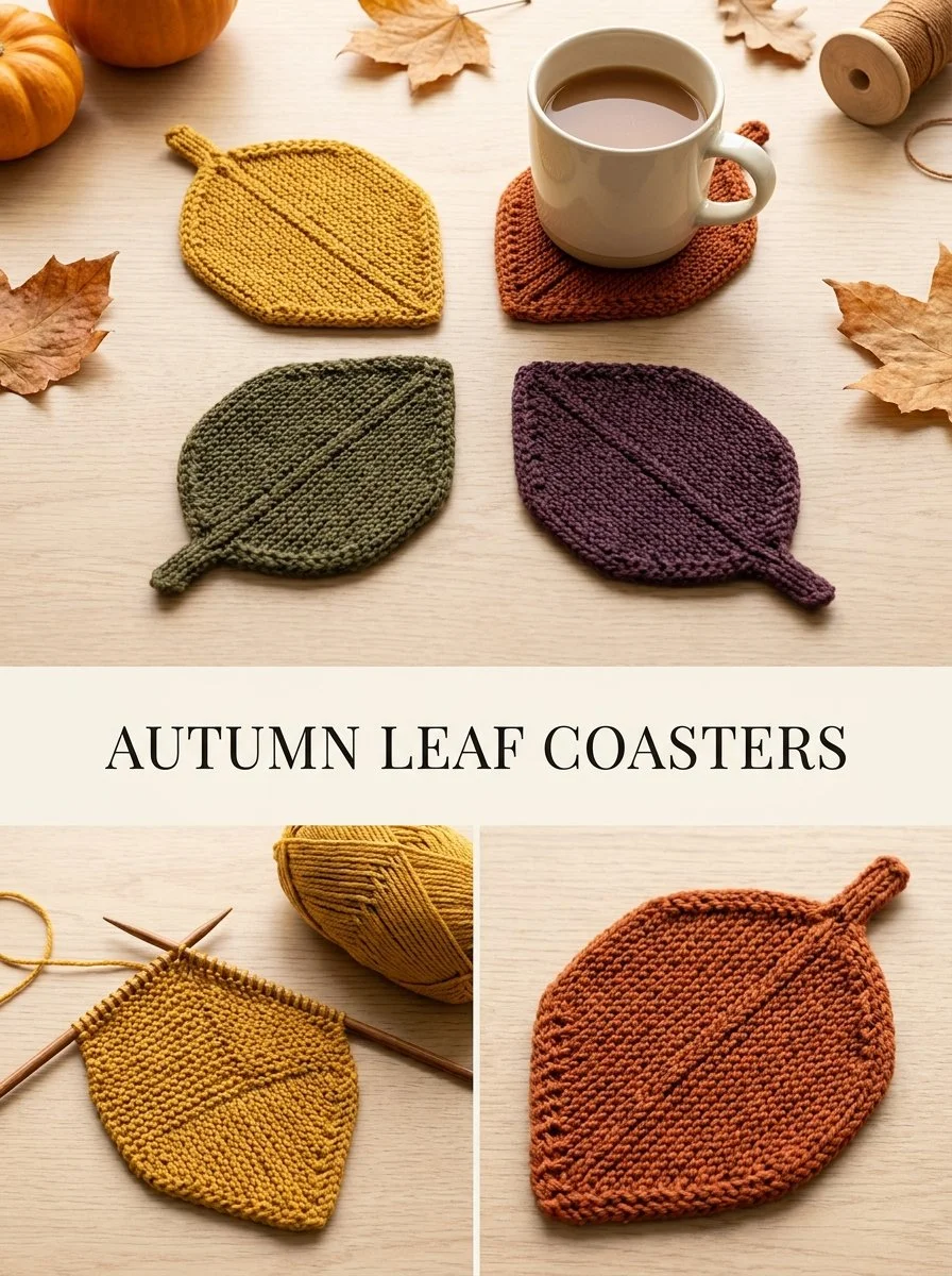 Autumn Leaf Knit Coaster Set for cozy home decor