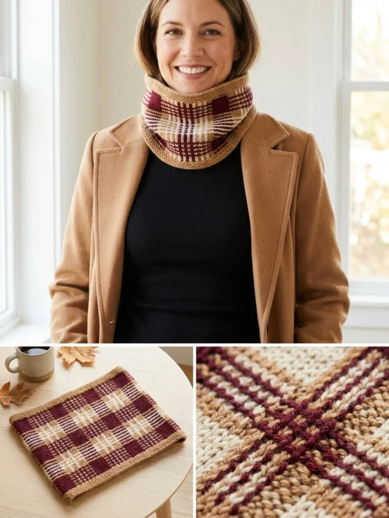 Autumn plaid-look slip stitch cowl knitting pattern with vibrant colors.