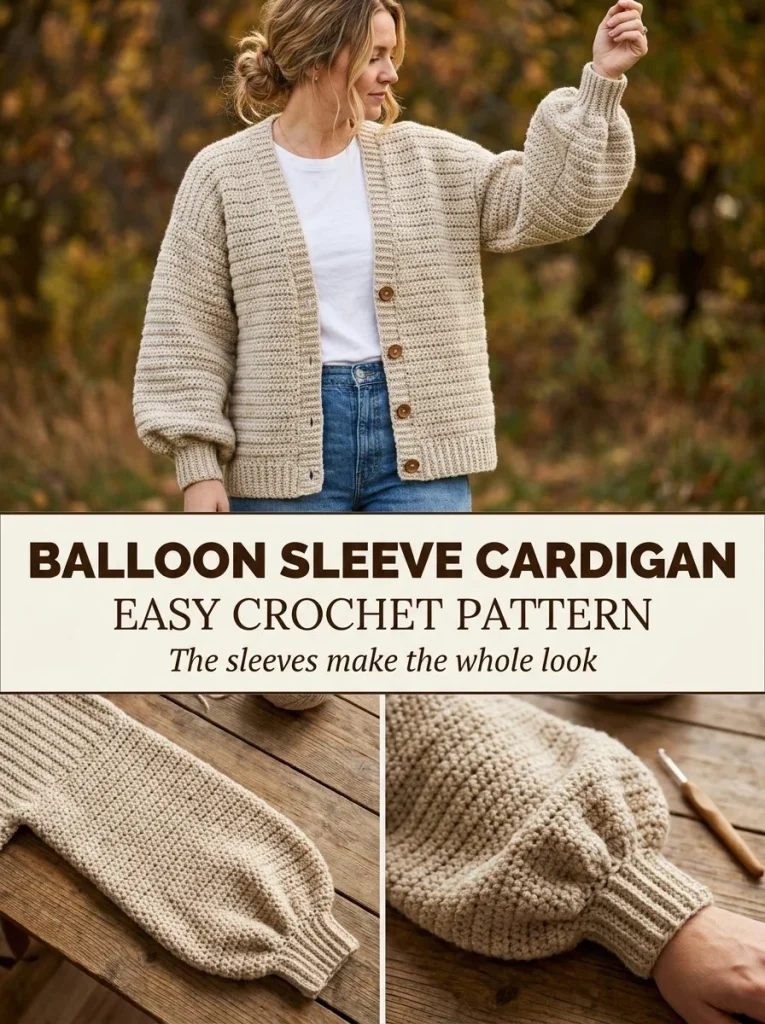 Balloon sleeve everyday cardigan crochet pattern for stylish comfort.