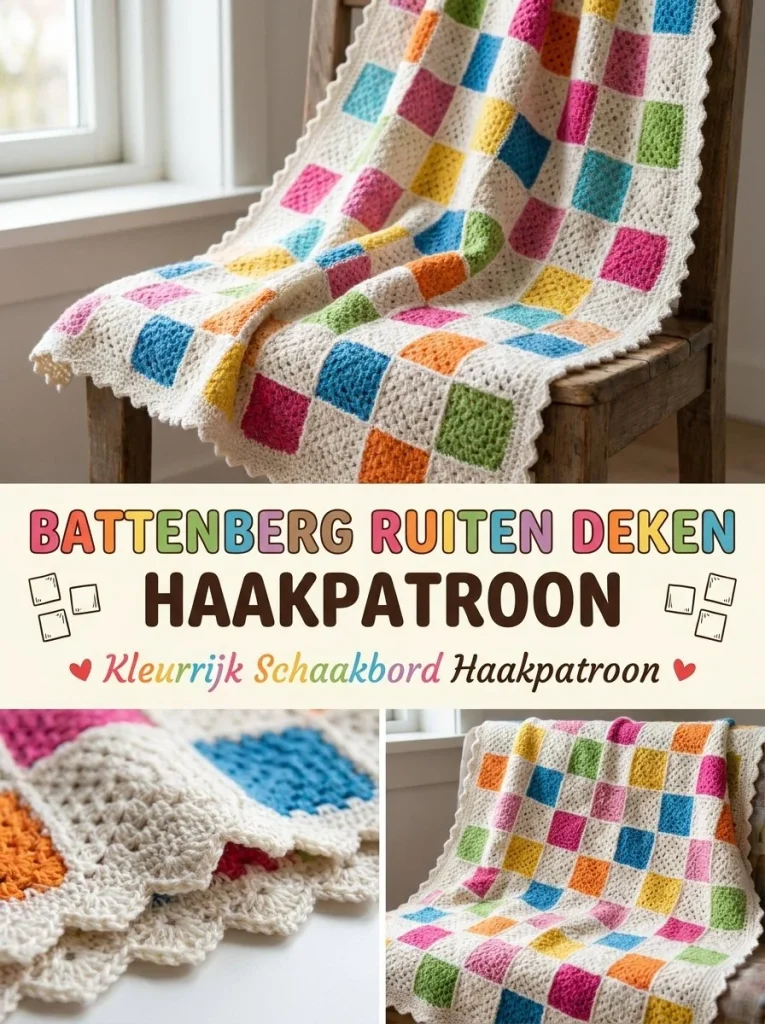 Battenberg deken featuring a colorful checkerboard pattern design.