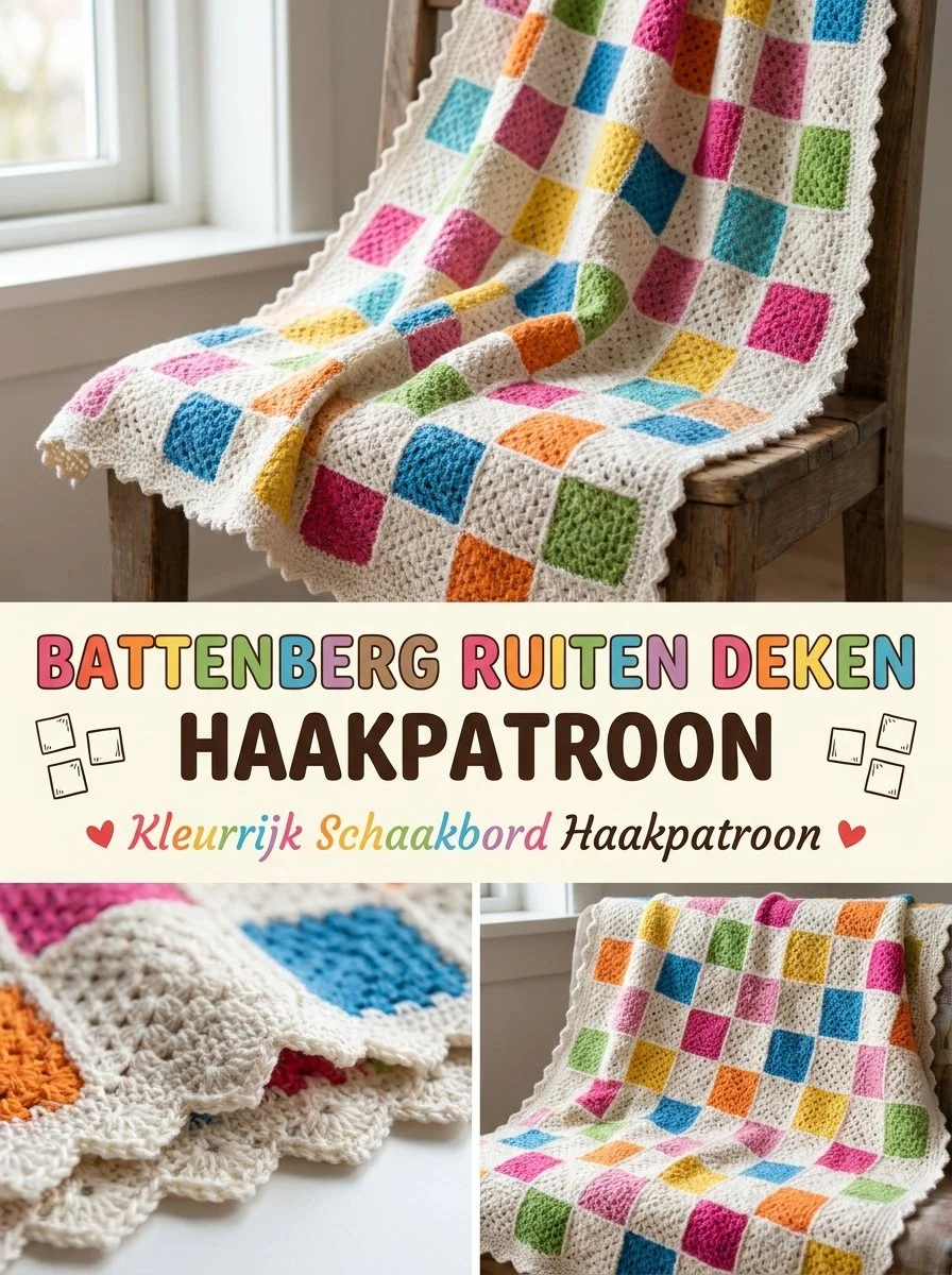 Battenberg deken featuring a colorful checkerboard pattern design.