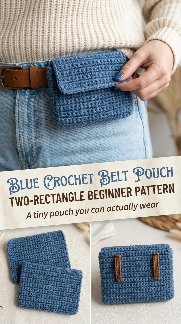 Blue crochet belt pouch featuring a two rectangle beginner pattern design.