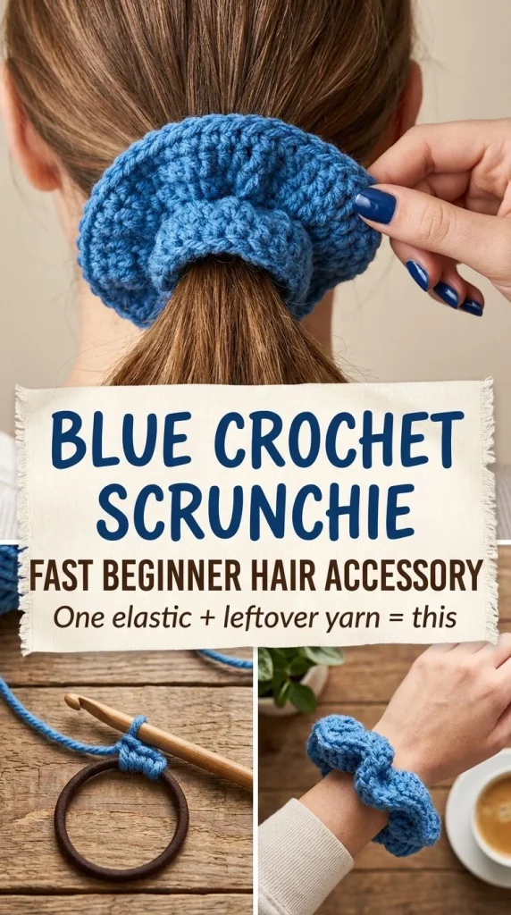 Blue crochet scrunchie hair accessory for beginners