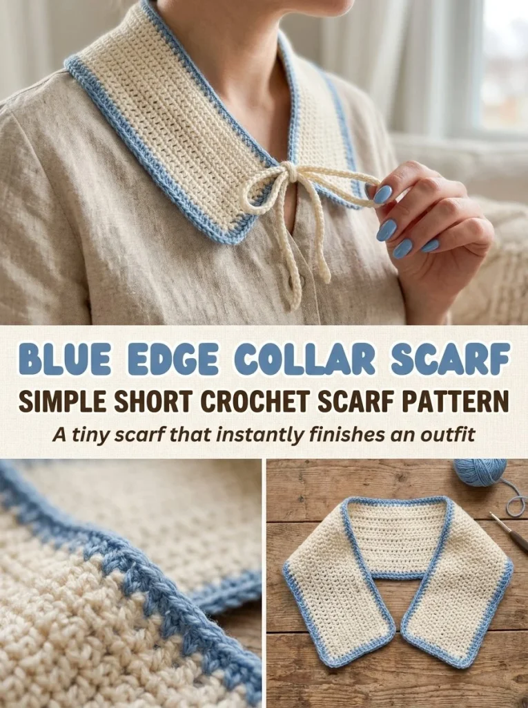 Simple crochet scarf pattern featuring a blue edge collar design