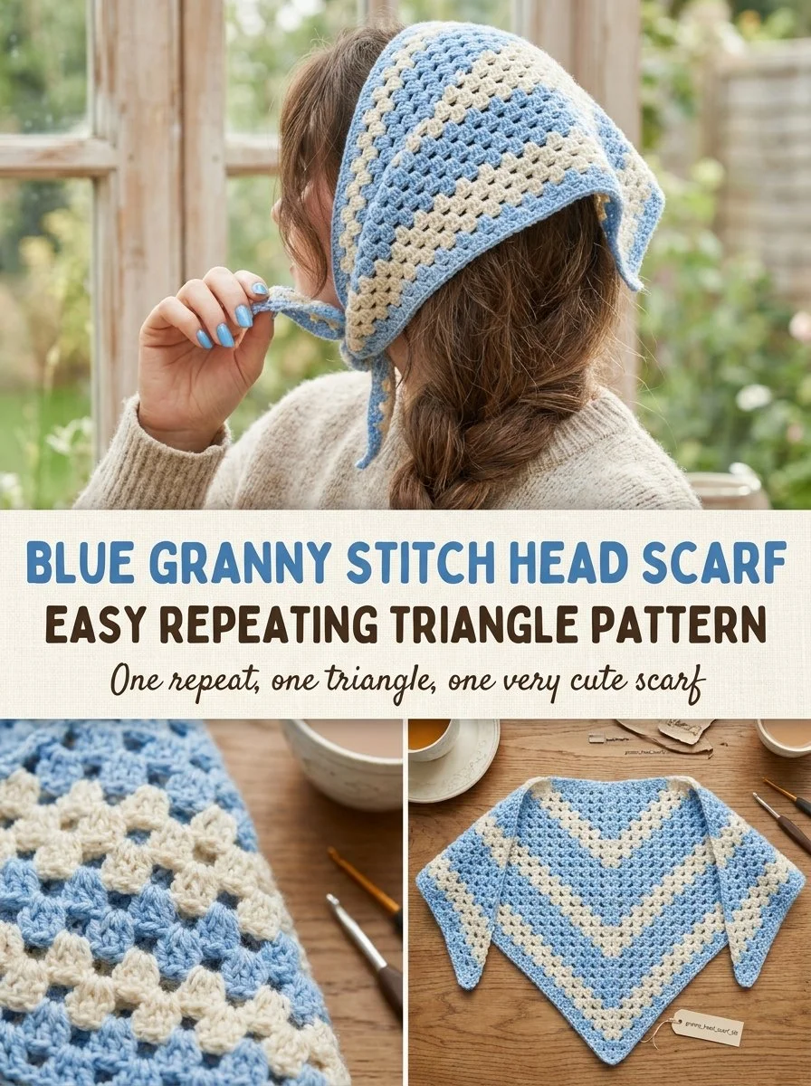Blue granny stitch head scarf featuring an easy repeating triangle pattern.