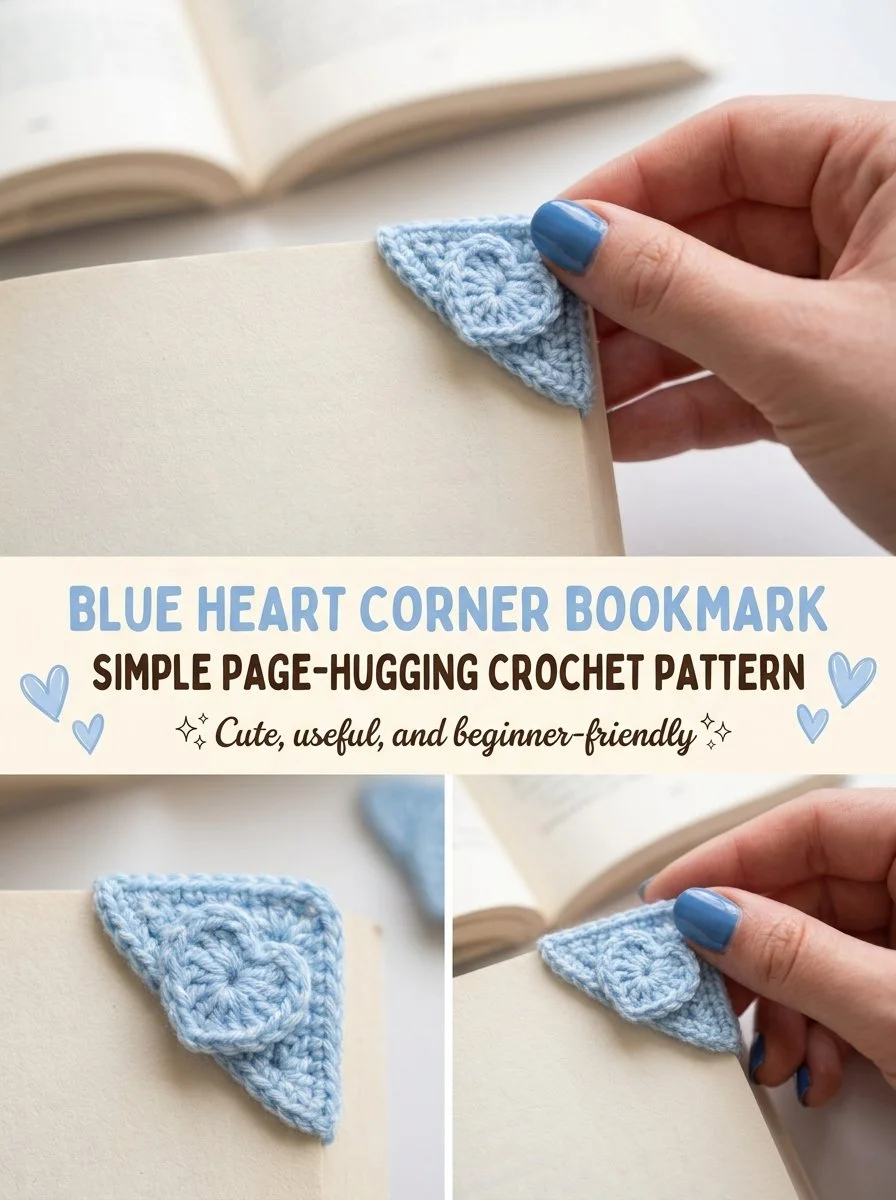 Crocheted Blue Heart Corner Bookmark pattern for book lovers