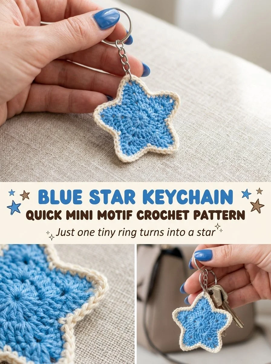 Blue Star keychain crochet pattern for a quick and easy mini motif project.