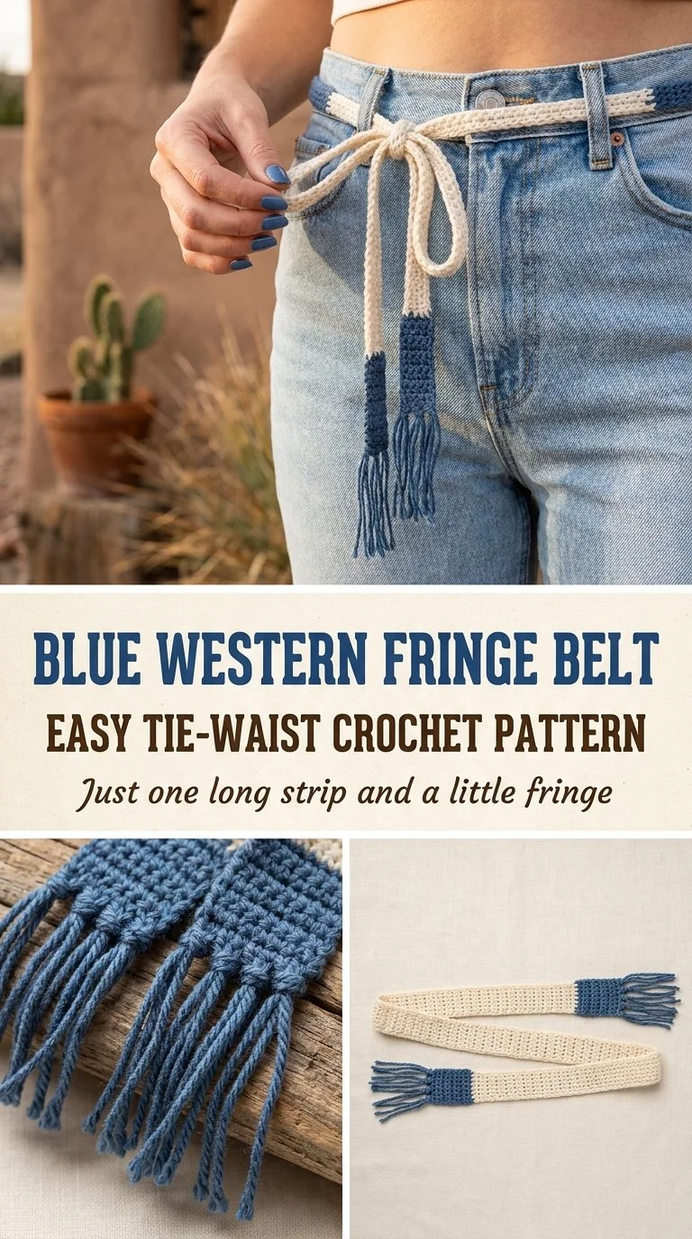 Blue Western Fringe Tie Belt - Crocheted waist accessory for stylish outfits