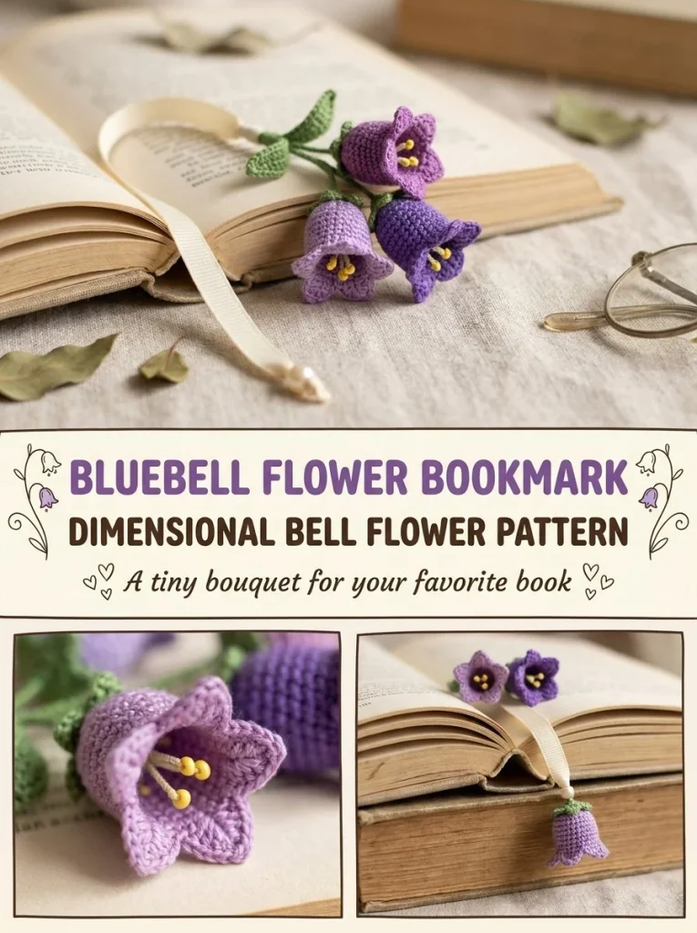 Dimensional Bluebell Flower crochet pattern for a beautiful bookmark