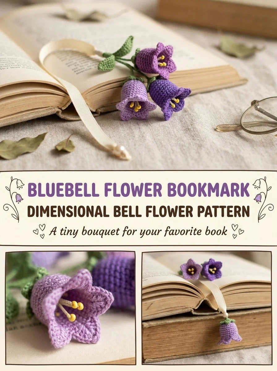 Dimensional Bluebell Flower crochet pattern for a beautiful bookmark