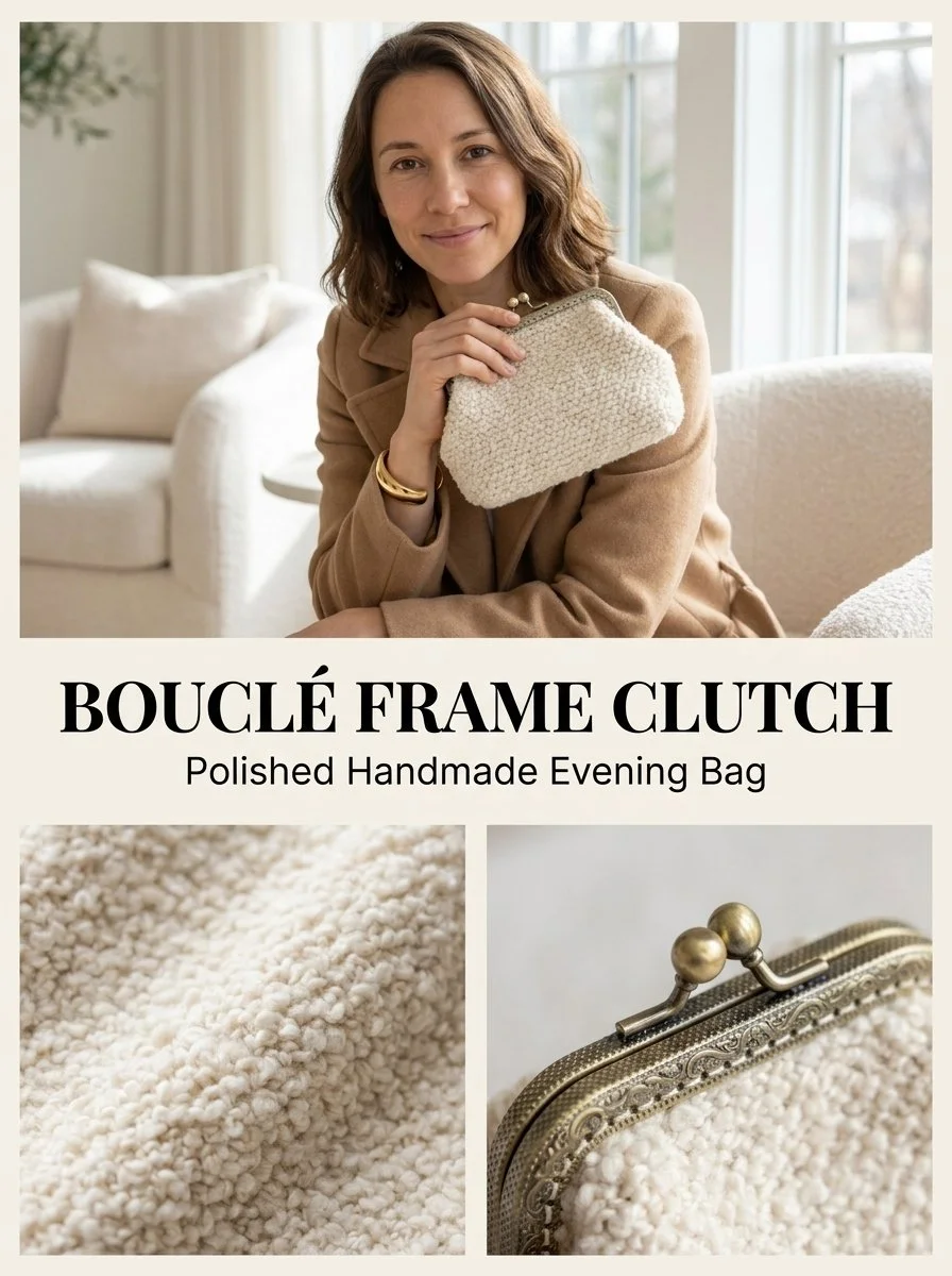 Knitting pattern for Bouclé Frame Clutch showcasing vibrant yarn and design.
