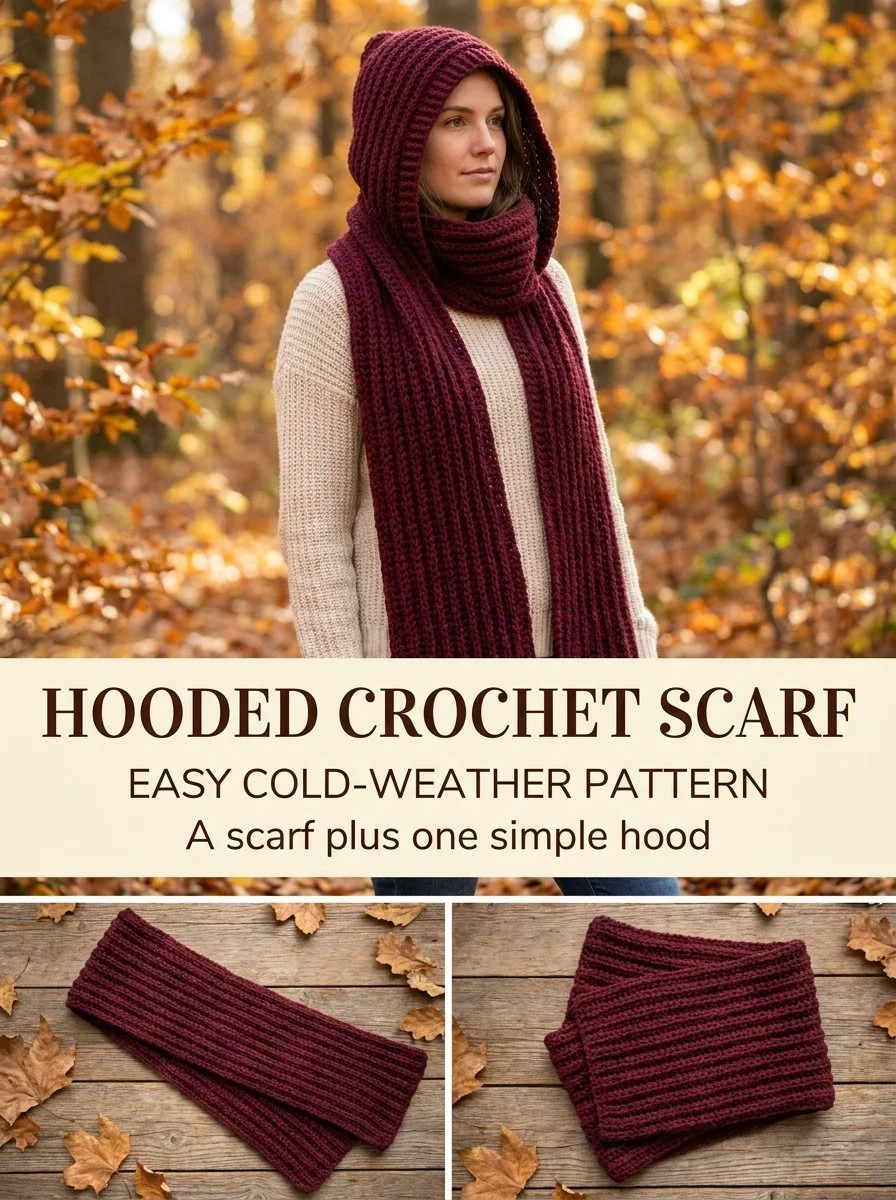 Burgundy hooded crochet scarf with a rectangle hood, showcasing warmth and style.