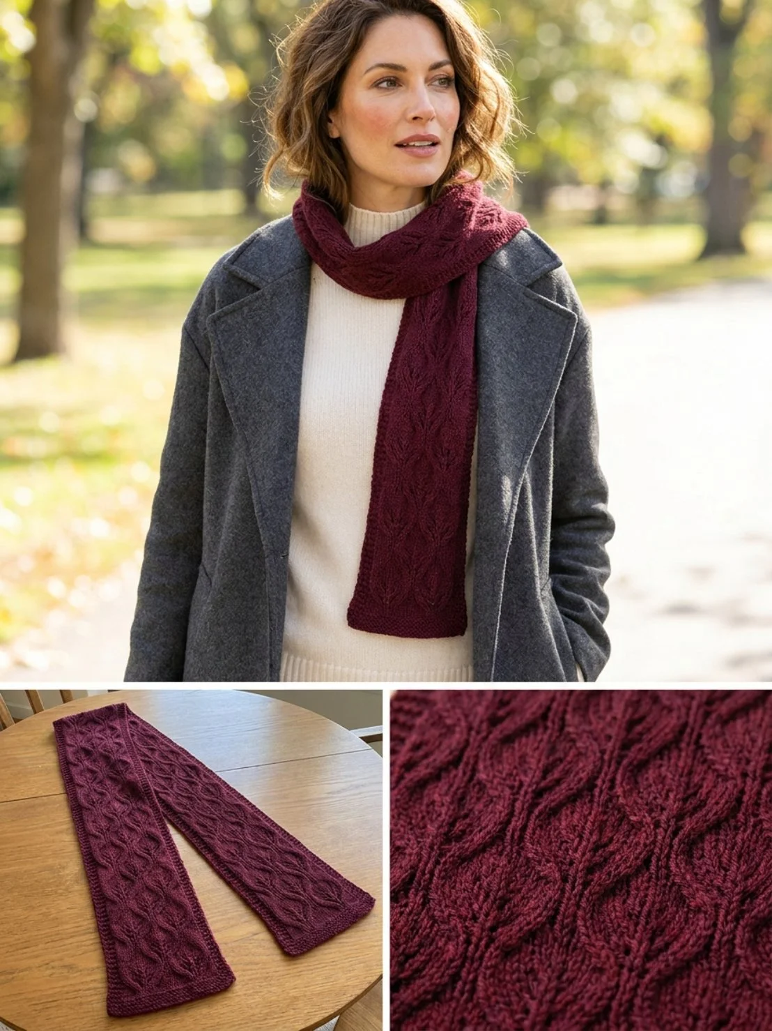 Burgundy Leaf Texture Skinny Scarf Knitting Pattern - Create a fashionable accessory