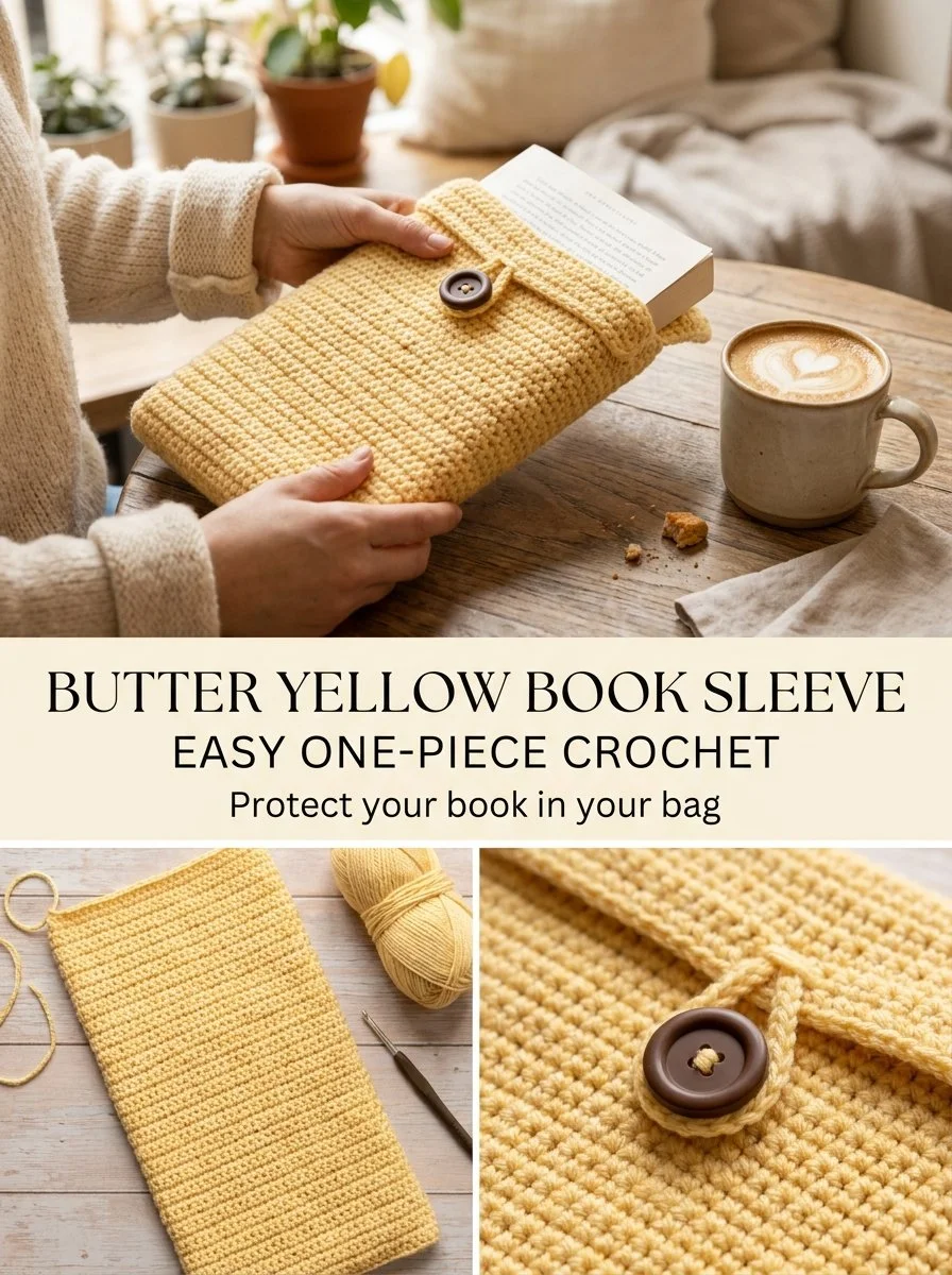 Butter yellow crochet book sleeve for books and e-readers