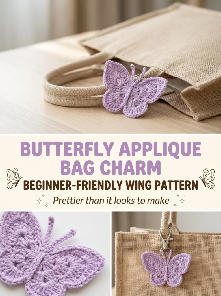Beginner-friendly butterfly applique bag charm with wing pattern.
