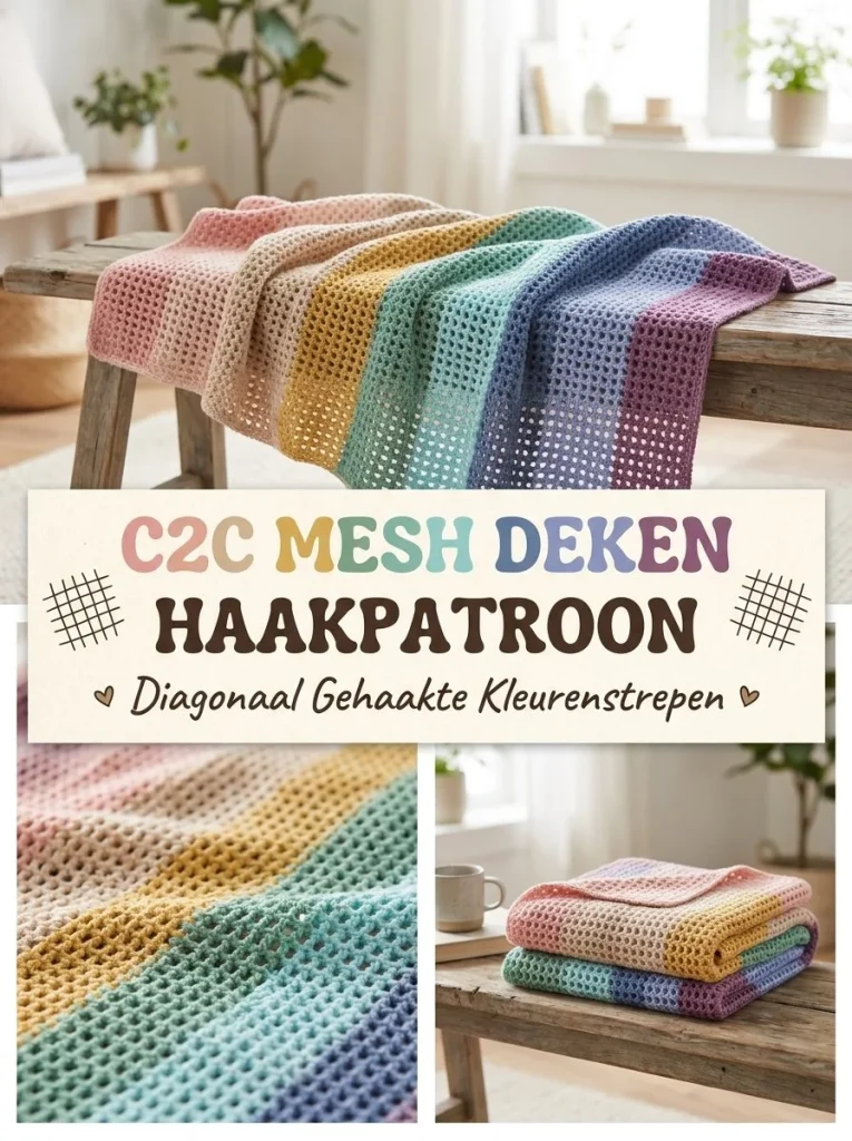 C2C Mesh Deken with diagonal color stripes in vibrant yarns.