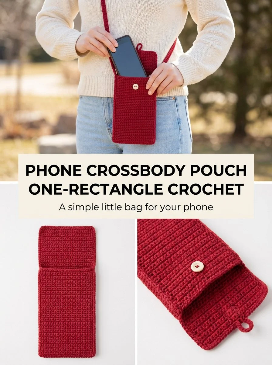 Cherry red crochet phone crossbody pouch for easy, stylish carrying.