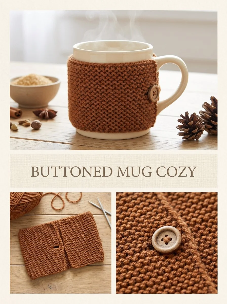 Cinnamon Buttoned Mug Cozy designed to keep your drinks warm and hands cozy.