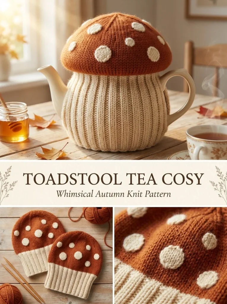 Cinnamon Toadstool Tea Cosy enhancing tea time with its warm, charming design.