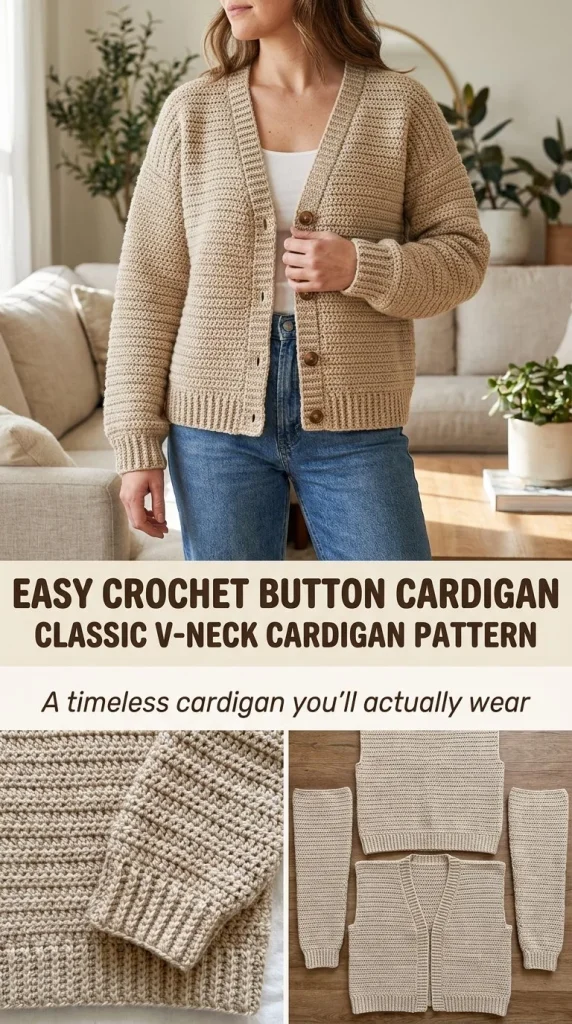 Classic ribbed v-neck button cardigan crochet pattern for women