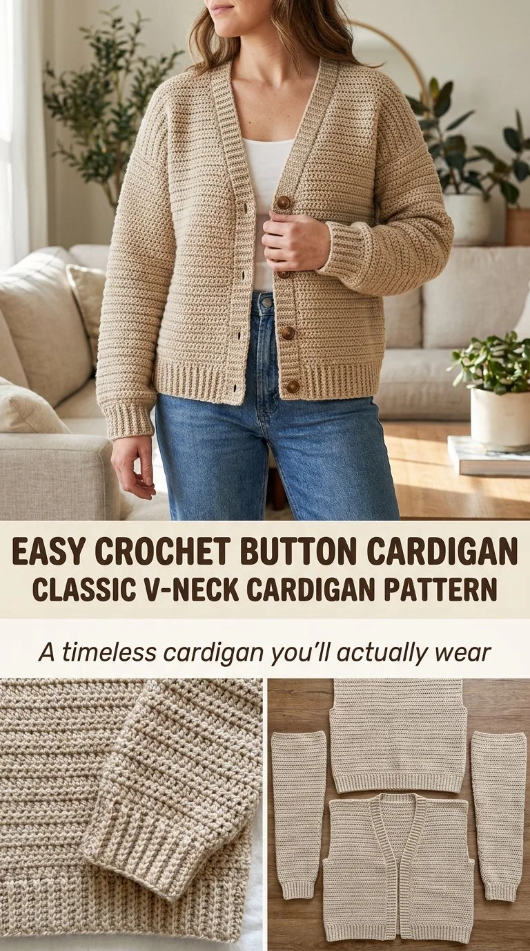 Classic ribbed v-neck button cardigan crochet pattern for women