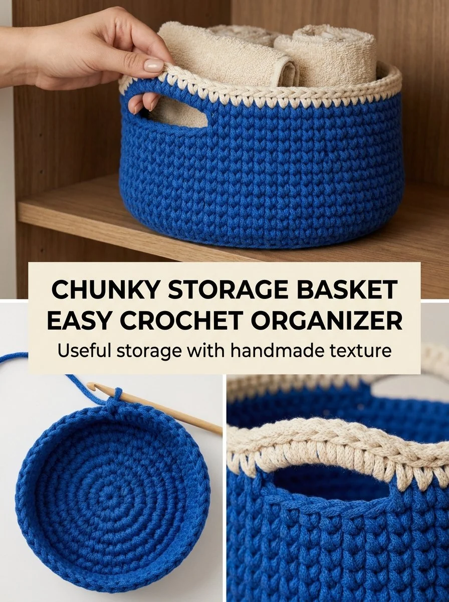 Cobalt Chunky Crochet Storage Basket with handles for easy organization.
