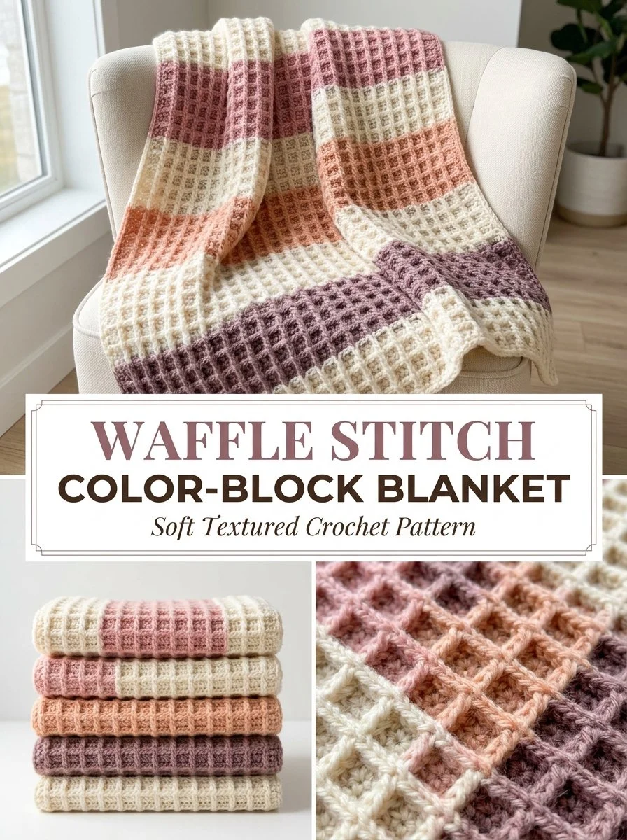 Color-block waffle stitch crochet blanket displayed on a sofa
