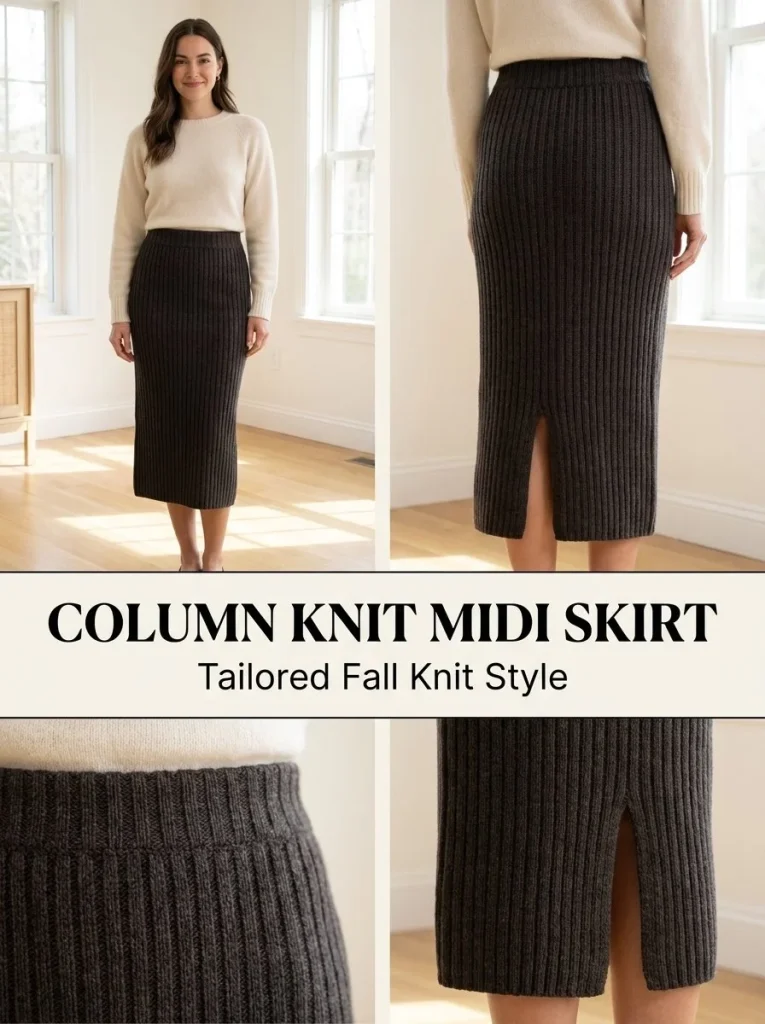 Column Rib Knit Midi Skirt knitting pattern displayed with yarn and needles.
