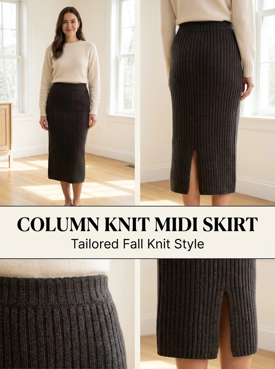 Column Rib Knit Midi Skirt knitting pattern displayed with yarn and needles.