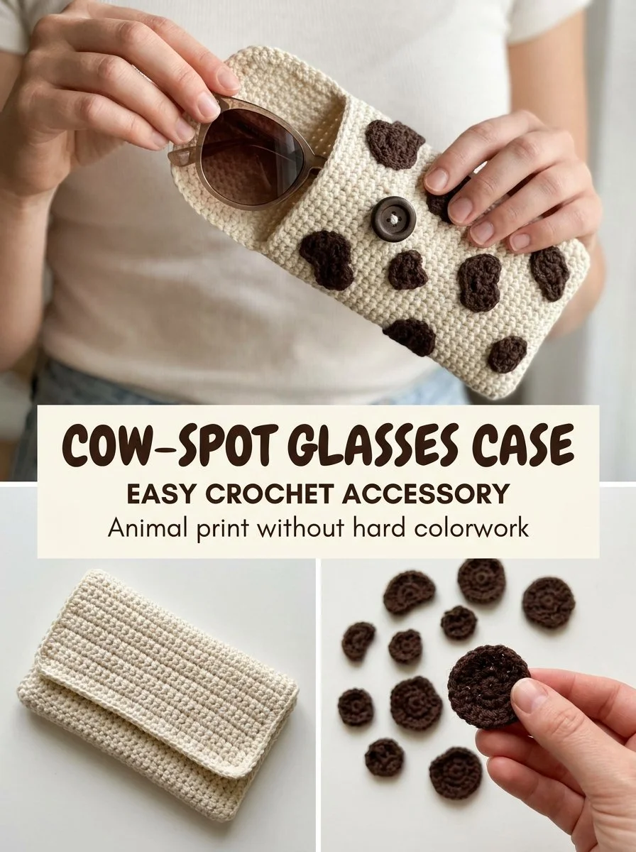 Easy animal print crochet glasses case pattern in cow-spot design