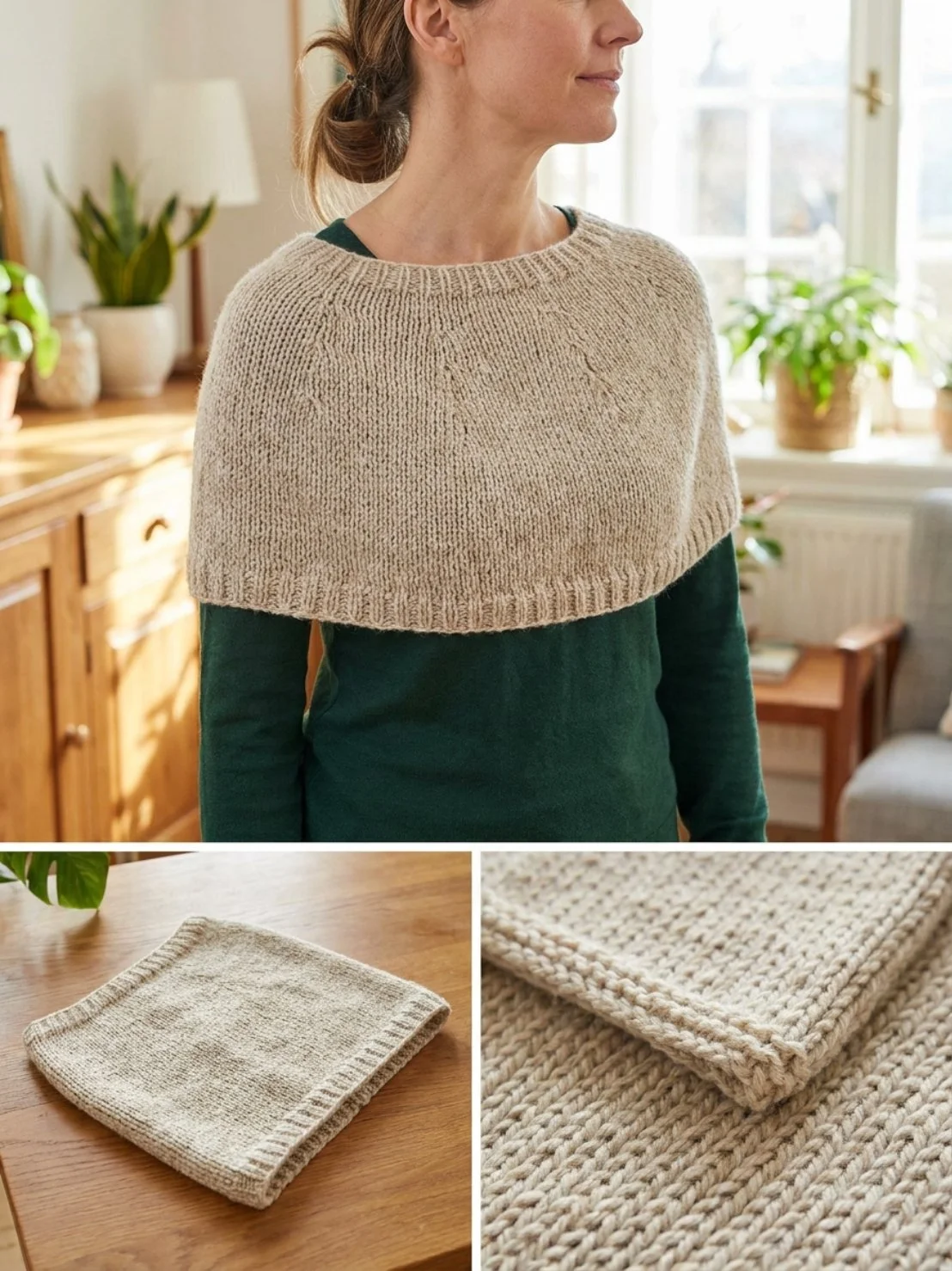 Cozy knitted oatmeal shoulder warmer pattern for chilly weather