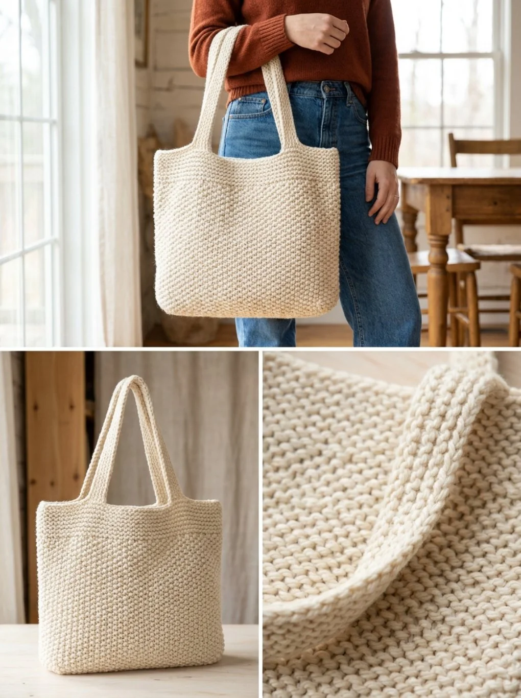 Cream chunky market tote knitted pattern for stylish and functional tote bags.