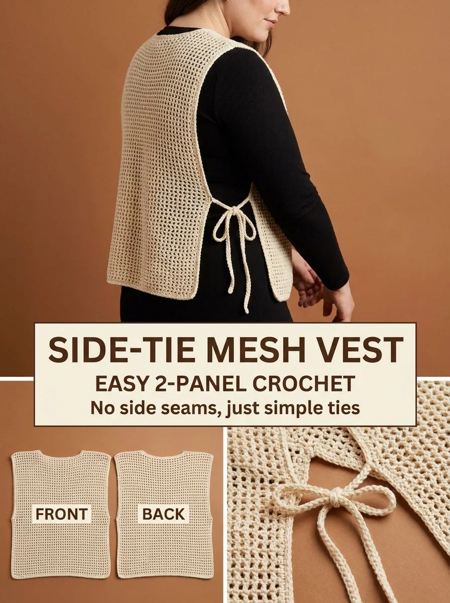 Cream crochet side-tie mesh vest, stylish and easy two-panel design