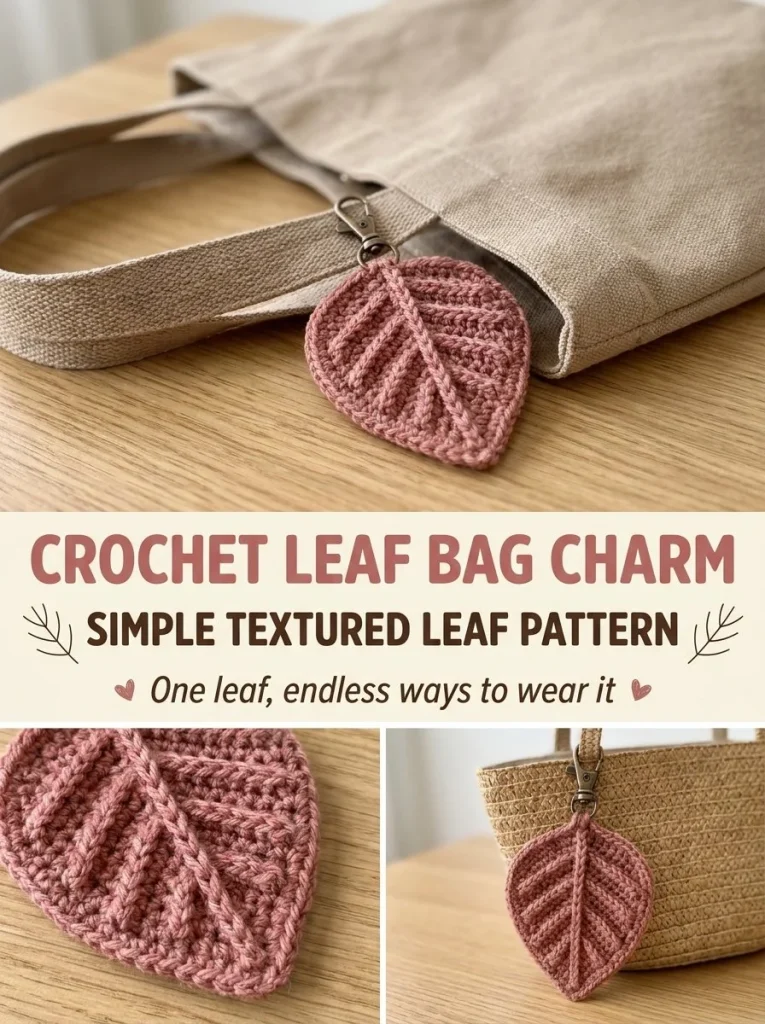Textured crochet leaf bag charm pattern designed for unique embellishment