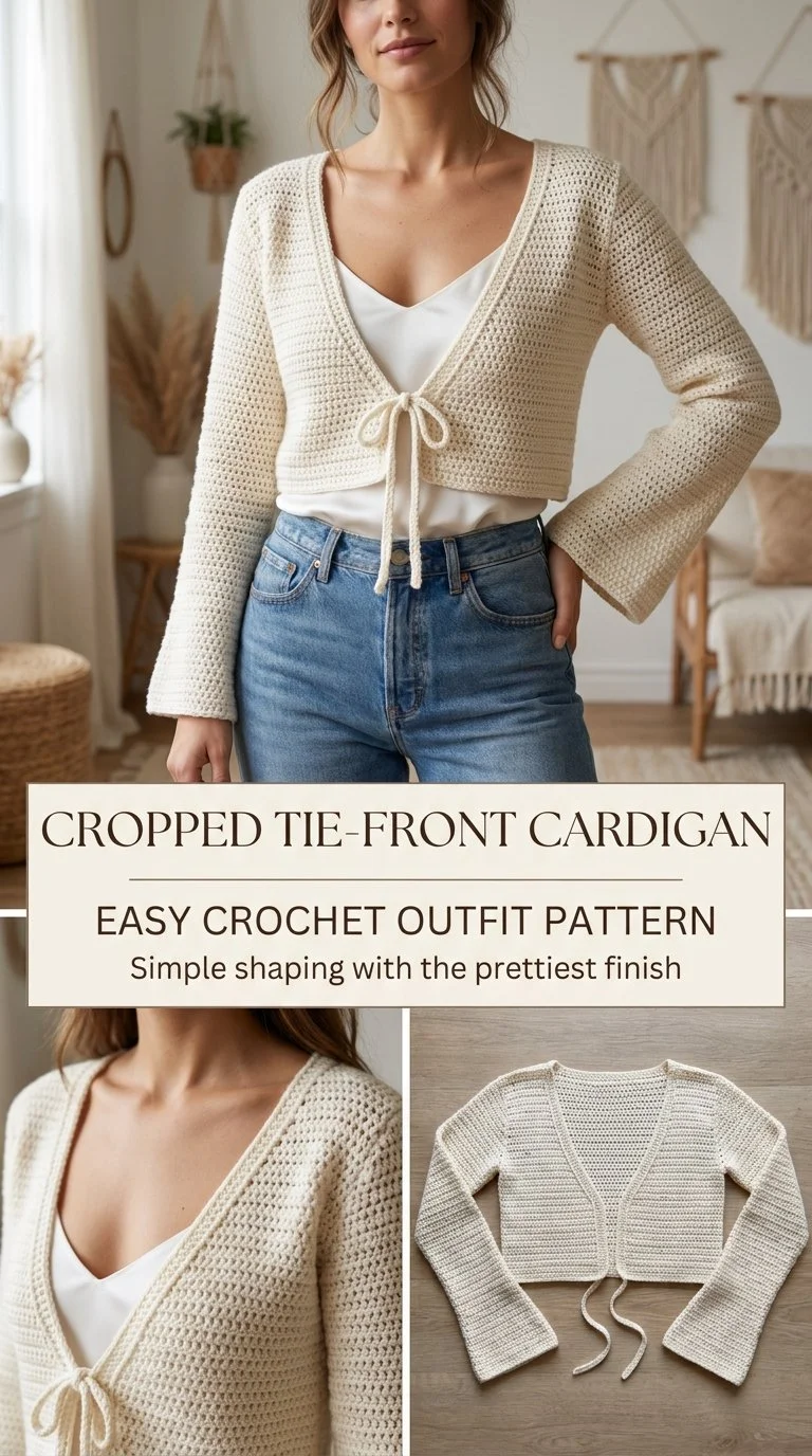 Cropped tie-front crochet cardigan pattern for women