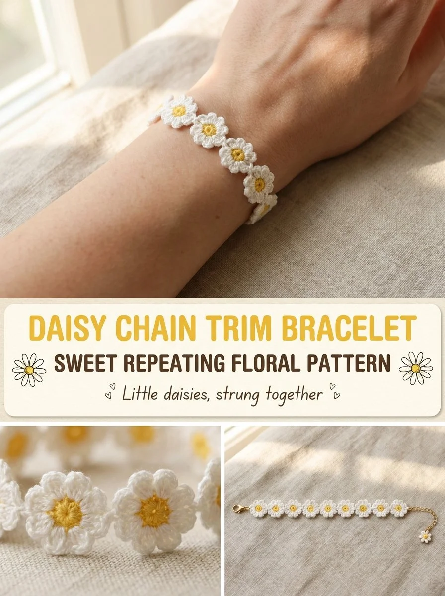 Daisy Chain Trim Bracelet featuring a sweet repeating floral crochet pattern.