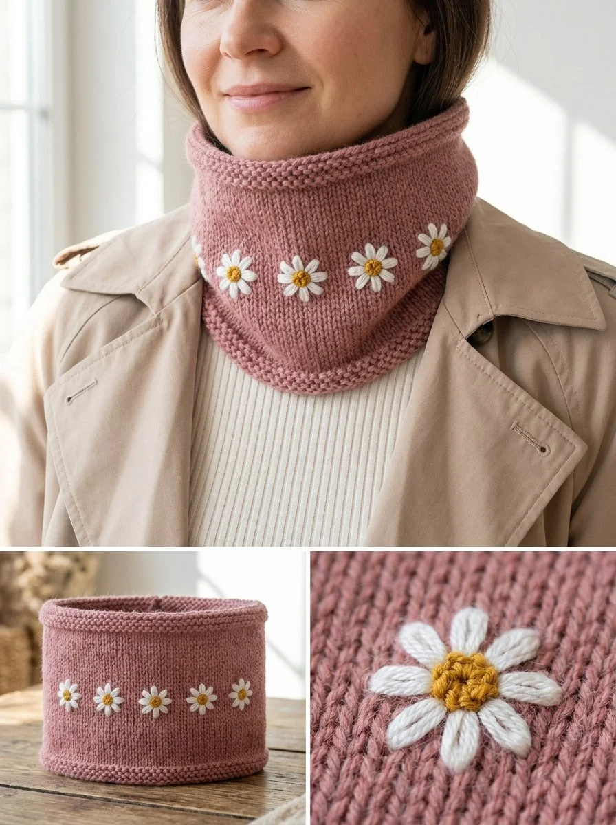 Daisy embroidered knit neck warmer pattern for cozy winter accessories.